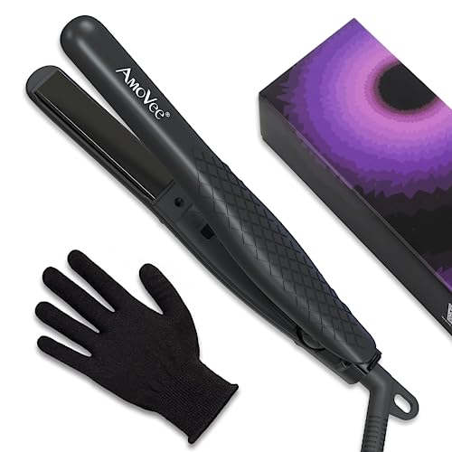 AmoVee Mini Portable Flat Iron, Ceramic Tourmaline Dual Voltage Travel Hair Straightener, Small Flat Irons for Short Hair, Black